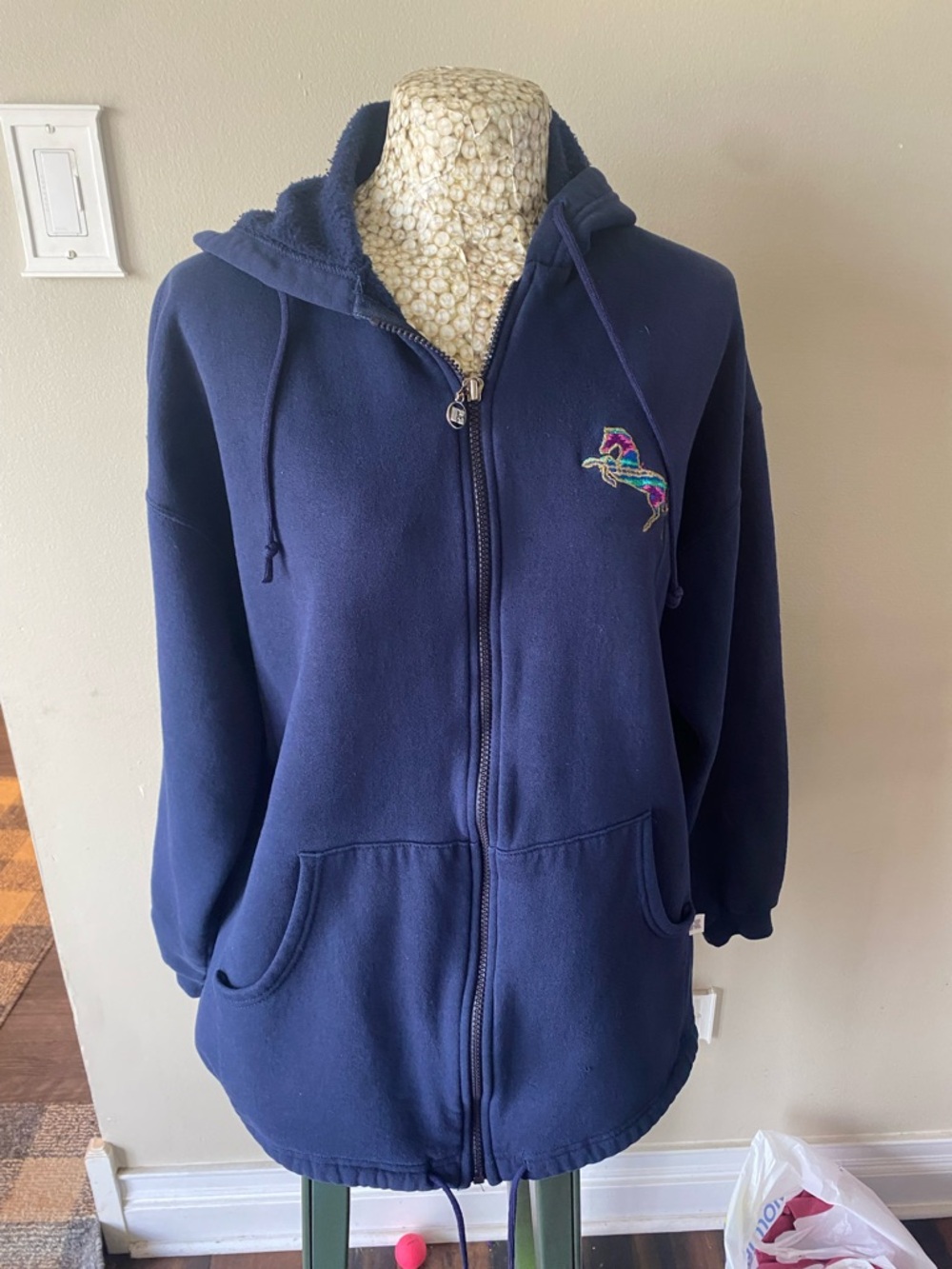 Vintage 90s Navy Zip-Up Hoodie with Colorful Horse Embroidery on a Russell tag
